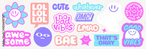 Colorful stickers with positive phrases like 'awesome', 'good vibes', 'no bad vibes', and 'LOL' Cute and playful designs with smiley faces and bright colors Funky stickers, vector set