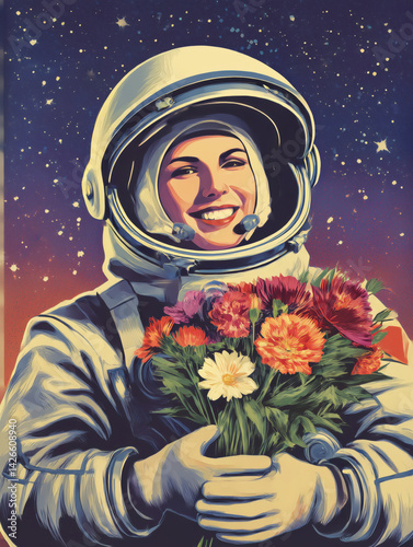 Smiling female astronaut in open helmet holding bouquet of flowers. Retro-futuristic illustration with starry cosmic background. Vintage space exploration concept. Design for poster, banner, postcard