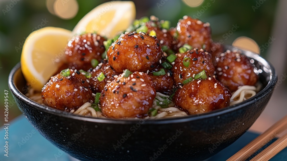 Honey Garlic Chicken Balls over Noodles