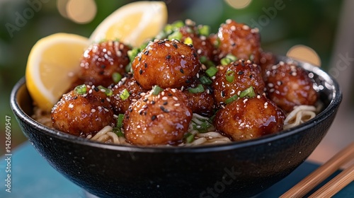 Obraz na płótnie Honey Garlic Chicken Balls over Noodles w salonie