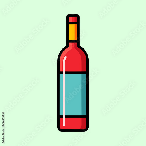 Stylized red wine bottle with blue label on a light background