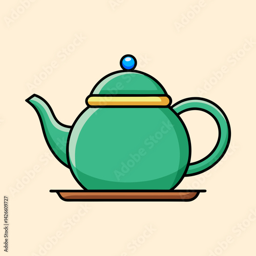 A delightful illustration of a teal teapot on a wooden tray perfect for a cozy afternoon tea party