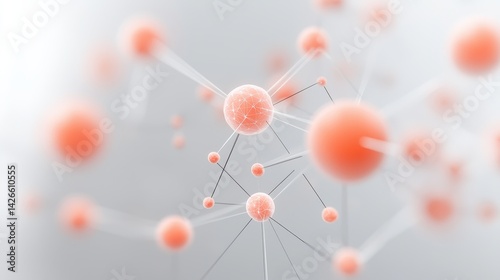Abstract representation of atoms or molecules with interconnected particles, showcasing a blend of pink and gray hues.