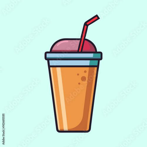 Fresh summer drink smoothie with straw, lid, and light blue background