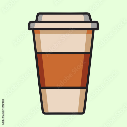 A cartoon drawing of a disposable coffee cup with a lid, filled with a brown beverage