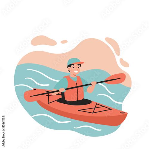 Kayaking man paddling orange kayak on blue water with beige background vector illustration 