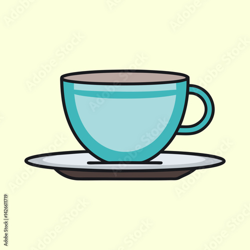 A whimsical blue teacup and saucer illustration on a cream background