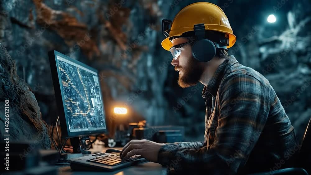 Miner Analyzing Data on Computer in Underground Cave Setting