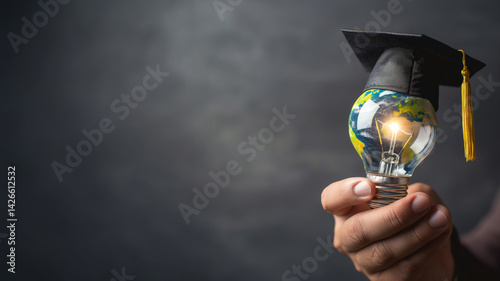 Light bulb with Earth and graduation cap glowing in hand. Global learning and sustainability concept.
