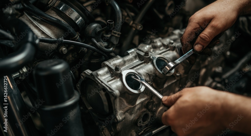 Close-up of hands repairing engine with tools in automotive workshop Close-up of hands repairing engine with tools in automotive workshop