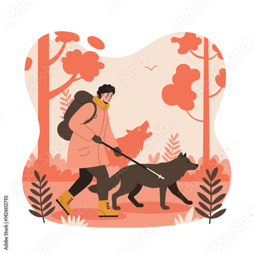 Man walking black dog in autumn forest with orange foliage and casual outfit vector illustration 