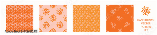 Vibrant fall cloud sunshine seamless nursery pattern set. Naive illustration of summer sky in hand drawn playful style for childrens nursery backdrops, wallpaper. 