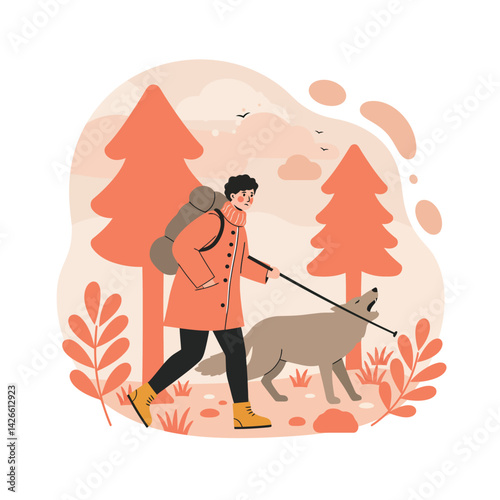 Person walking dog in autumn forest with orange trees and brown foliage vector illustration 
