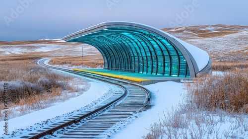 Modern train station shelter in winter landscape