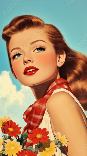 Close-up of vintage woman with curled hair and red lipstick in retro outfit. Pin-up portrait with blue sky backdrop. Design for greeting card, poster, invitation, banner