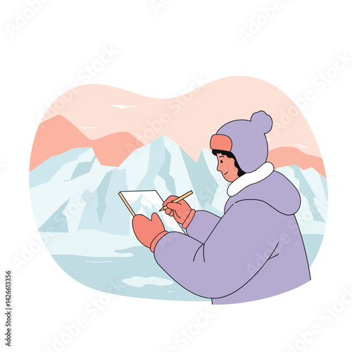 Person sketching snowy mountain landscape while wearing winter clothing in cold outdoor scene vector illustration 