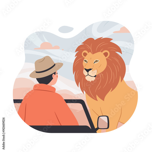 Lion Facing Man in Hat on Safari Vehicle with Natural Sky Background Vector Illustration 