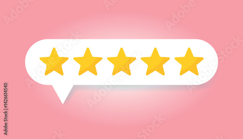 Flat speech bubble with rating five stars for best excellent services feedback, 5 stars rating for quality customer rating concept from client employee, product review. pink background