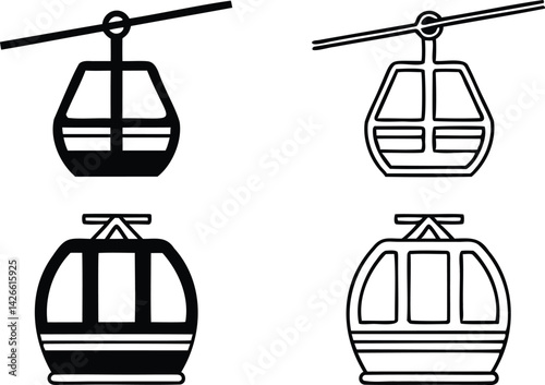Set of black-and-white cable car sketches, ideal for winter sports, travel, and graphic design projects