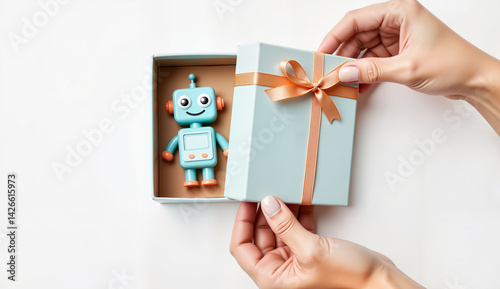 Hands opening gift box with toy robot inside