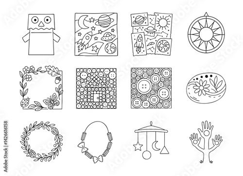kids art craft and collage concept. Creative doodle designs featuring various shapes and patterns.