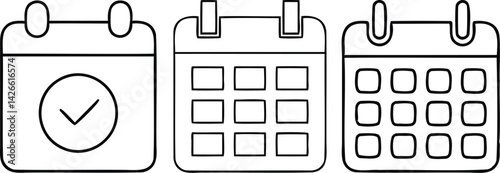 Set of 3 black-and-white calendar icons with checkmark, perfect for scheduling and productivity designs