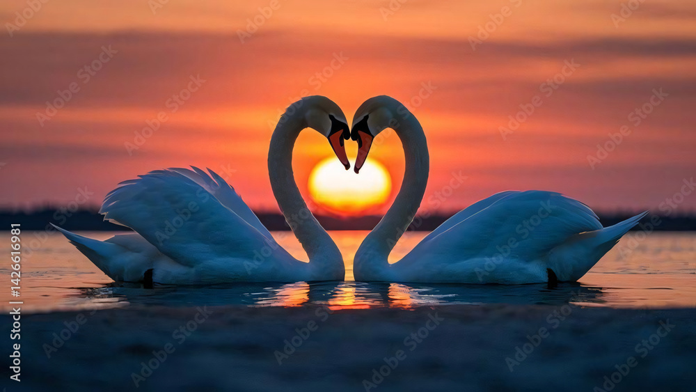 Fototapeta premium Two swans making a heart, Sunset landscape 