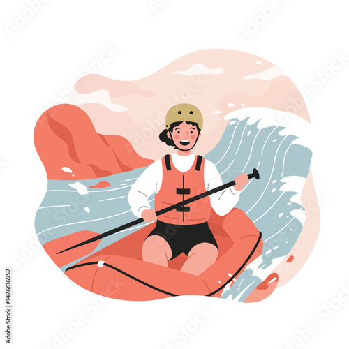Young person kayaking on river with waves and rocky landscape outdoor adventure activity vector illustration 