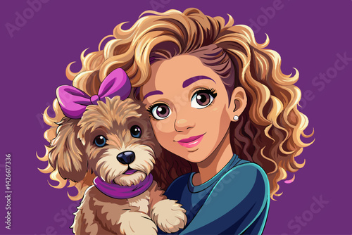 vector of This beautiful curly haired girl holding her furry dog ​​in her arms