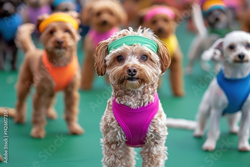 A canine aerobics class where dogs in colorful sweatbands perform synchronized tail wagging routines, resulting in a chaotic but adorable mess