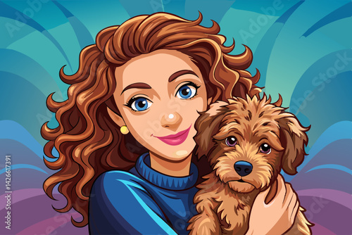 vector of This beautiful curly haired girl holding her furry dog ​​in her arms