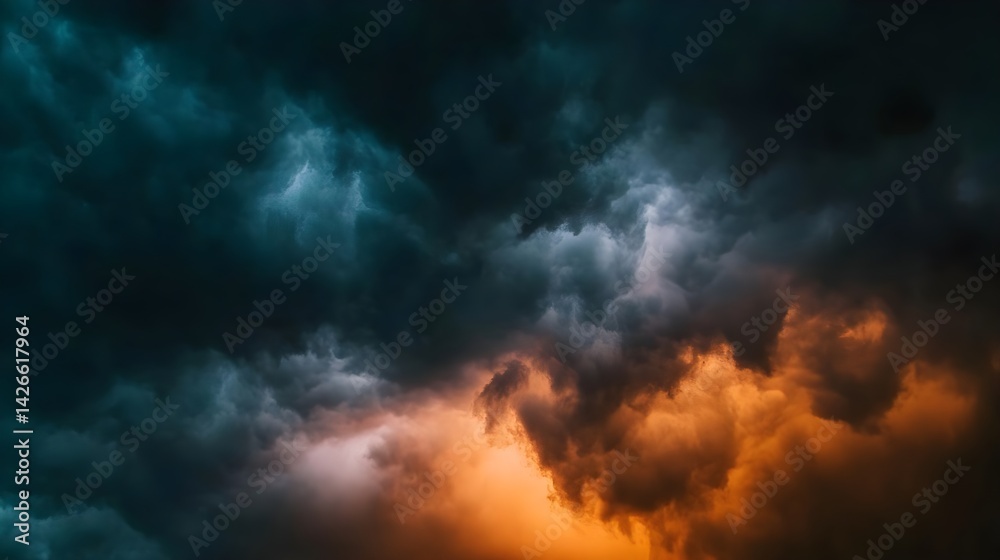 Dramatic Sky with Dark Storm Clouds and Orange Sunlight Glow Dramatic Sky with Dark Storm Clouds and Orange Sunlight Glow