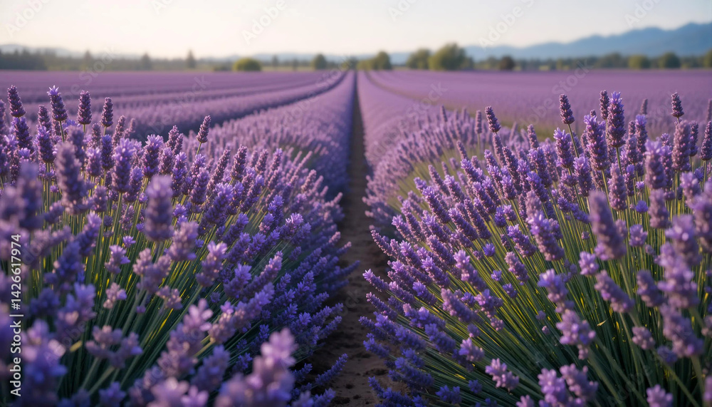 Obraz premium Lavender Fields in Full Bloom at Sunset Showcasing Rows of Vibrant Purple Flowers Under a Clear Blue Sky Generative AI