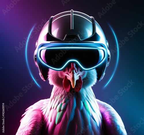 Hen wearing helmet and sunglass, neon effect