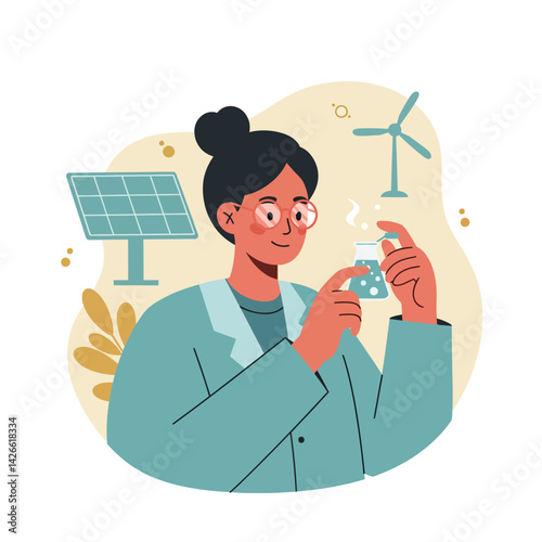 Female Environmental Scientist Conducting Renewable Energy Experiment with Solar Panel and Wind Turbine Illustration 