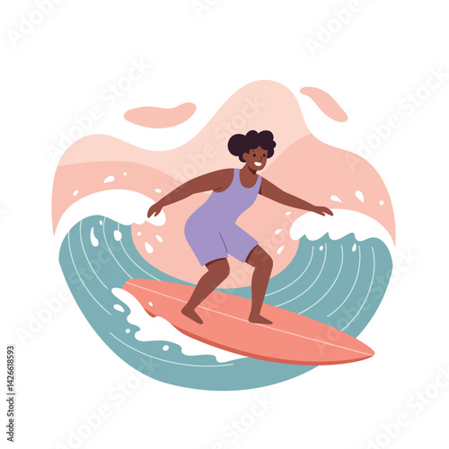 Woman surfing on ocean wave with pink surfboard and blue water in abstract background vector illustration 