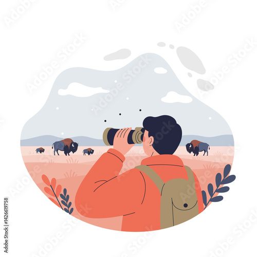 Wildlife observer watching bison herd in natural grassland landscape with binoculars vector illustration 