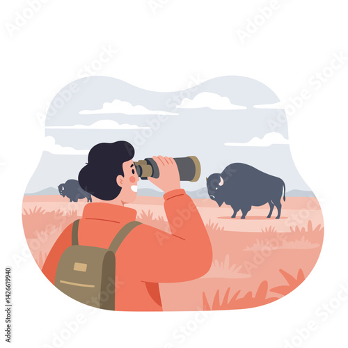 Wildlife observer using binoculars to watch bison in open grassland landscape vector illustration 