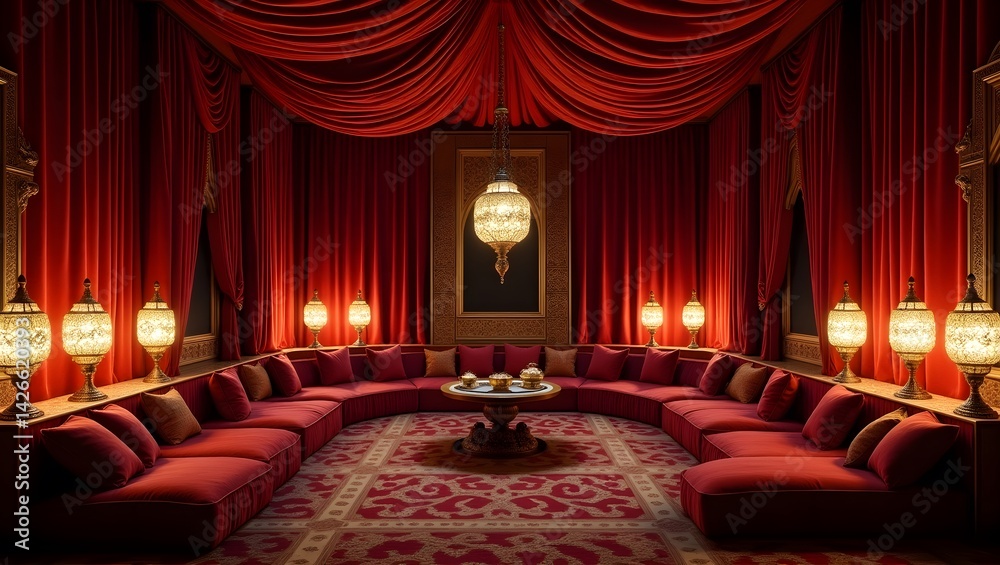 Arabian Nights-style room with velvet drapes and golden lamps.