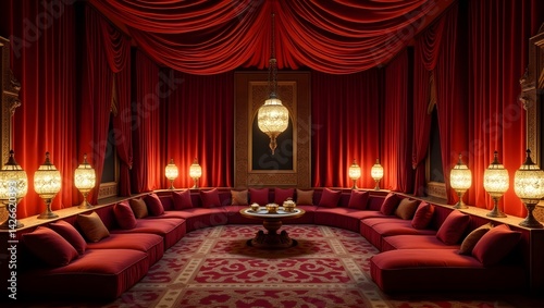Obraz na płótnie Arabian Nights-style room with velvet drapes and golden lamps. w salonie