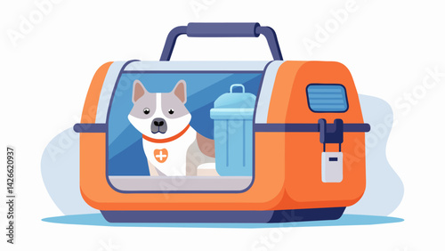 A collapsible portable pet carrier with builtin oxygen supply for senior dogs with respiratory issues.. Vector illustration