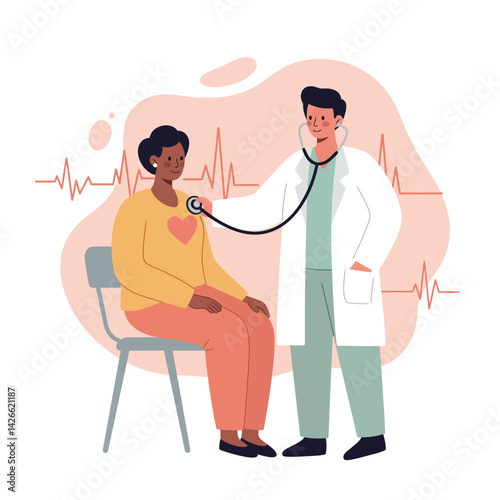 Doctor examining patient with stethoscope for heart checkup in medical consultation setting vector illustration 