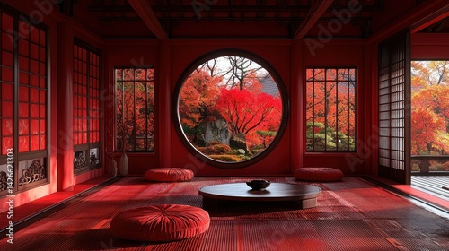 Autumnal Red Japanese Room with Garden View
