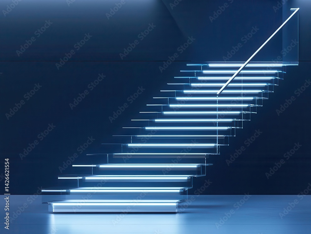 Fototapeta premium Futuristic smart staircase with stainless steel motionresponsive LED steps, AI integration, and an automated floating design