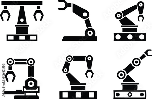 Vector set of industrial robotic arms in black silhouette, ideal for automation, factory machinery, assembly line, and manufacturing concepts