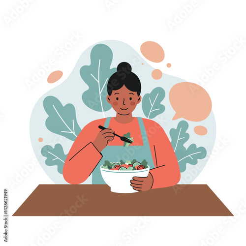 Woman eating healthy salad food at table with green leafy background vector illustration 