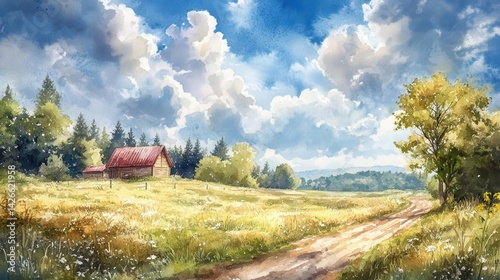 Watercolor painting of a country landscape with a red barn, trees, and a dirt road