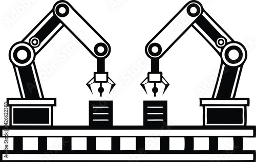 Vector illustration of two robotic arms on a conveyor belt system, symbolizing automation, smart manufacturing, and industrial robotics