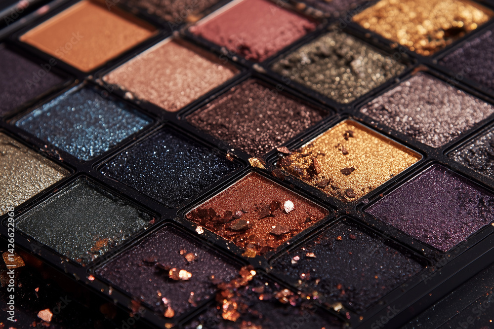 Fototapeta premium close up of a makeup palette with many different colors. The palette is full of glitter and the colors are very bright