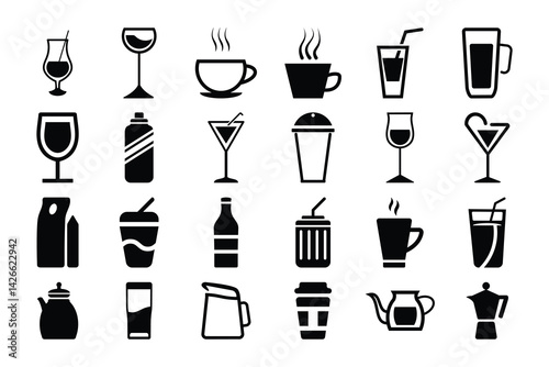 set of black drink icons. coffee, tea, juice, wine, cocktails, beverage icons, set of 24 minimal drink icons, for restaurant menu, web page, mobile app, packaging design